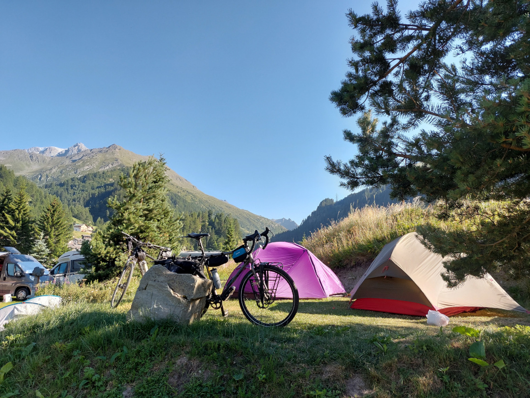 Vélo et tentes sous les pins